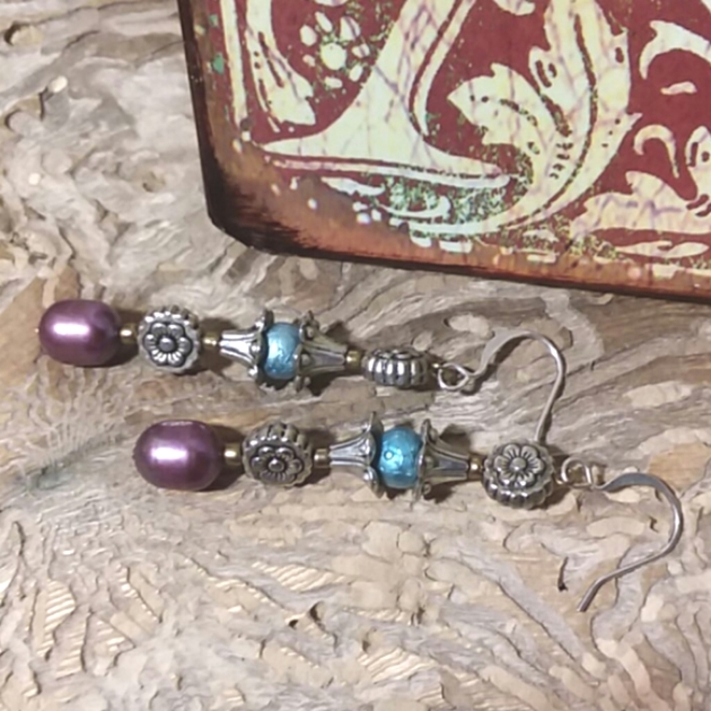 Freshwater Pearls Purple Blue Dangle Earrings Artisan Silver Natural Drop Floral